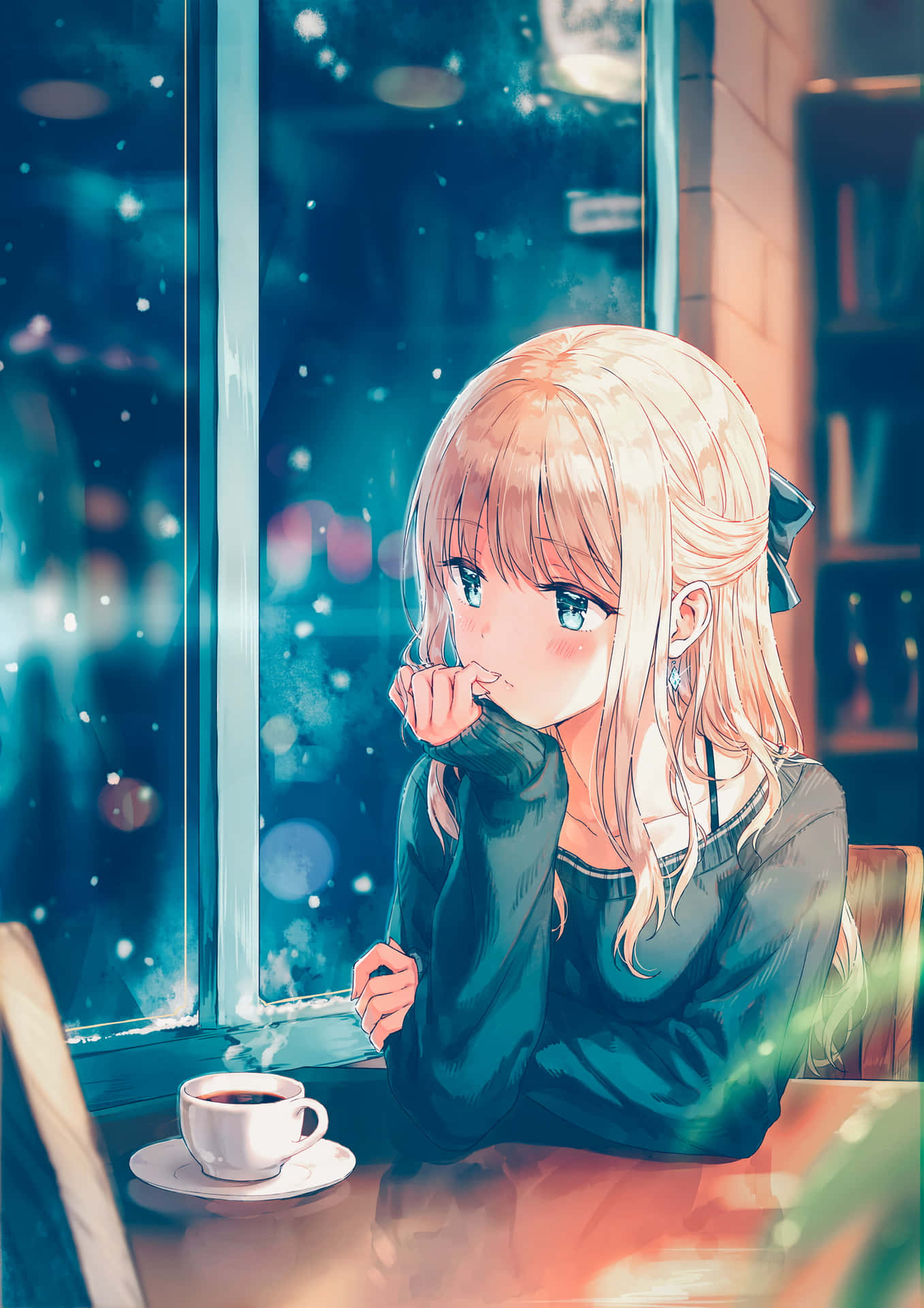 Contemplative Blonde Anime Girl Cafe Wallpaper