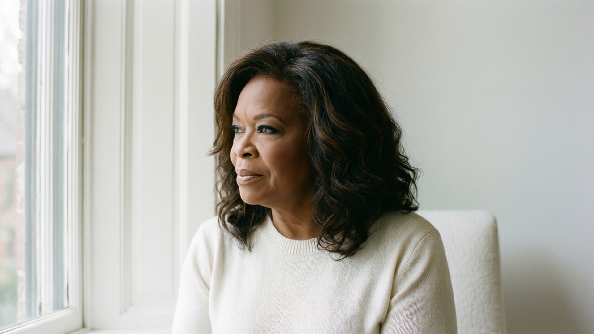 Oprah en una habitación blanca mirando por una ventana, contemplativa.