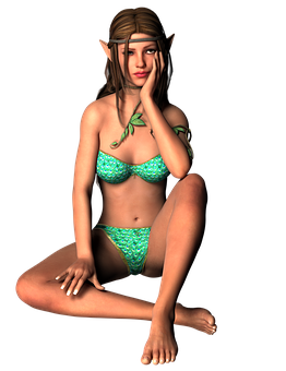 Contemplative_ Elf_in_ Green_ Bikini PNG