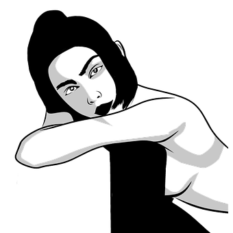 Contemplative Girl Blackand White Illustration PNG