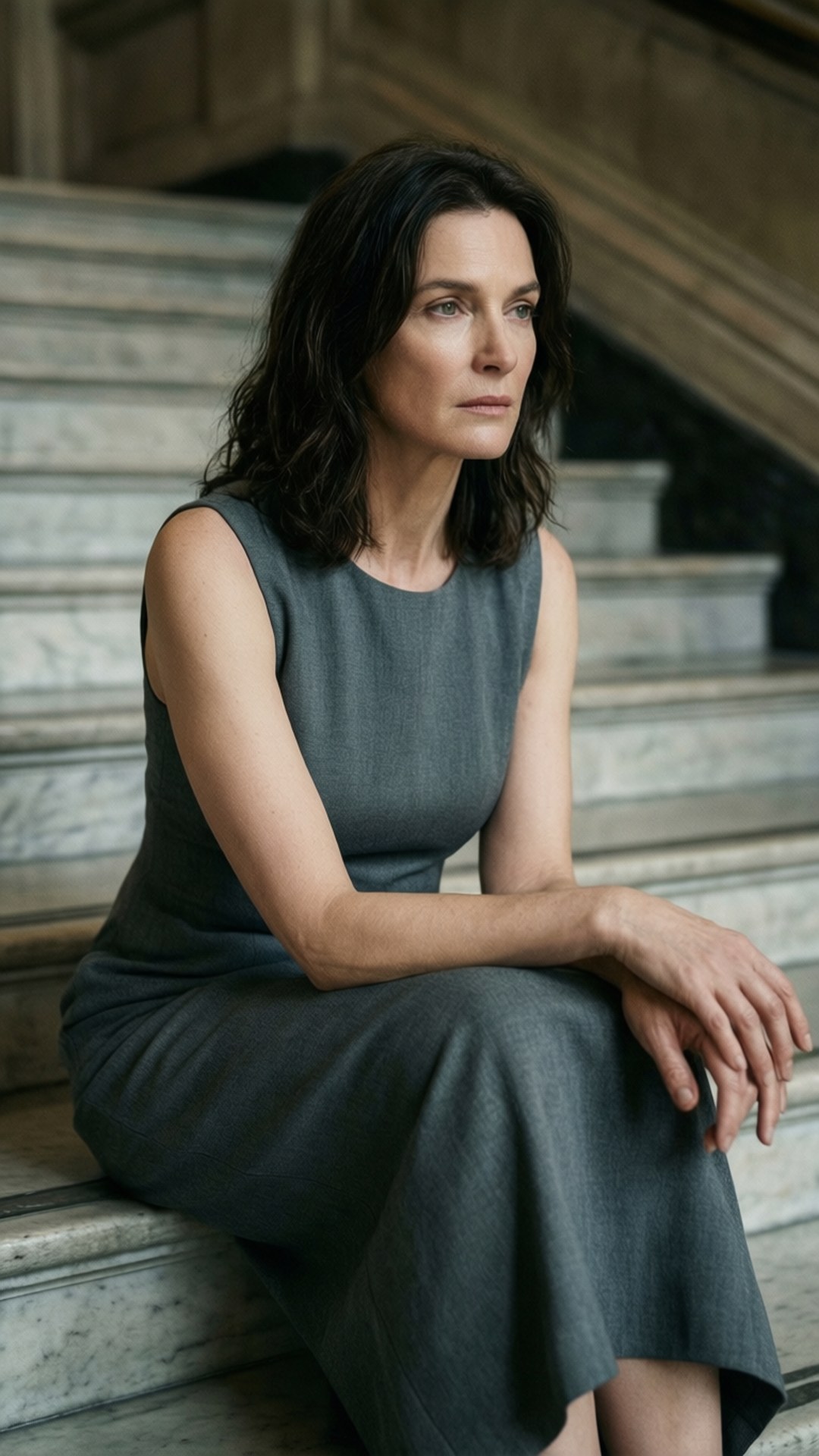 Rachel Weisz i en grå kjole sittende på marmortrapper, kontemplativ stemning med dempede farger.