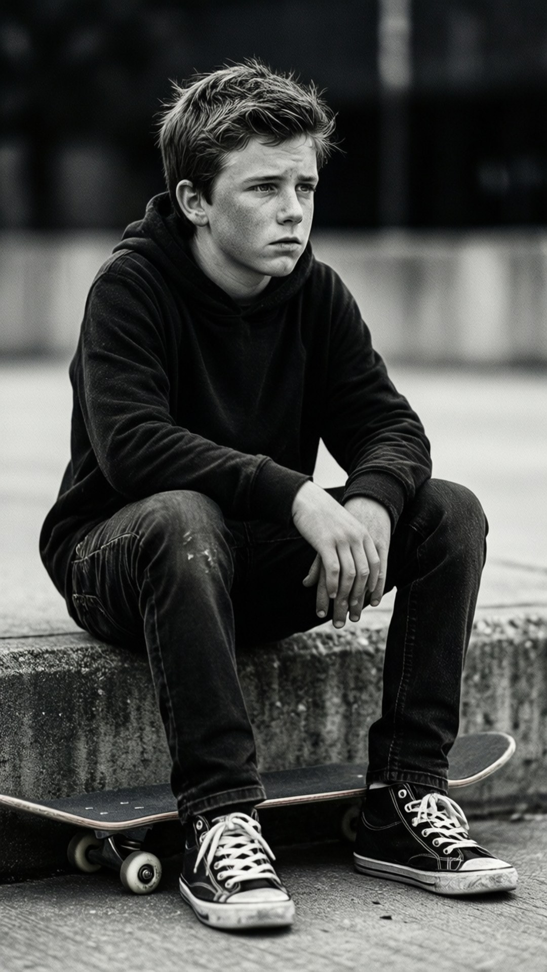Danny Duncan sitting on a skateboard in a contemplative black and white portrait.