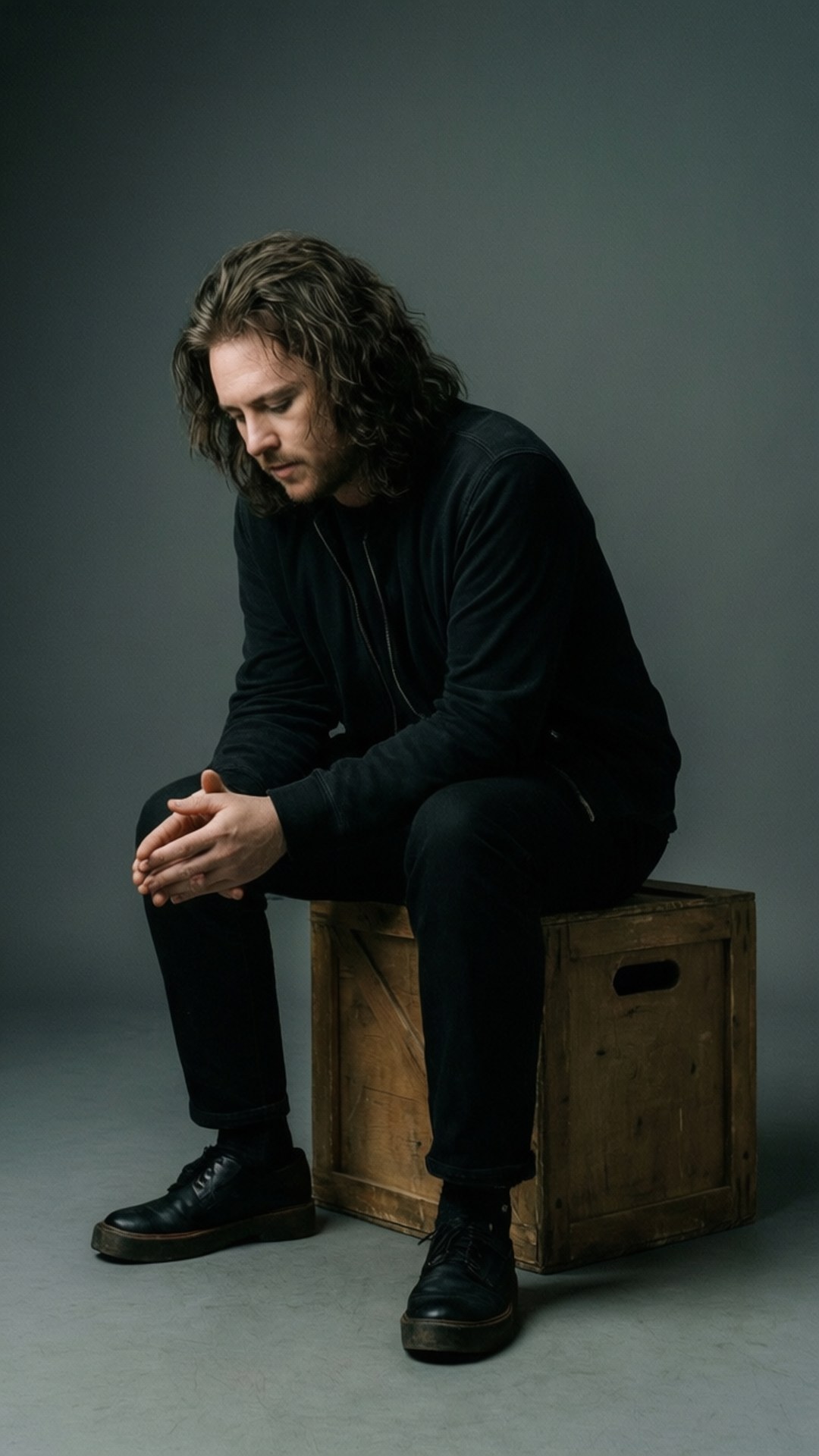 Humeur Contemplative Fonds d'écran — Lewis Capaldi assis sur une caisse en bois dans une pose contemplative