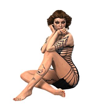 Contemplative Tattooed Woman3 D Art PNG