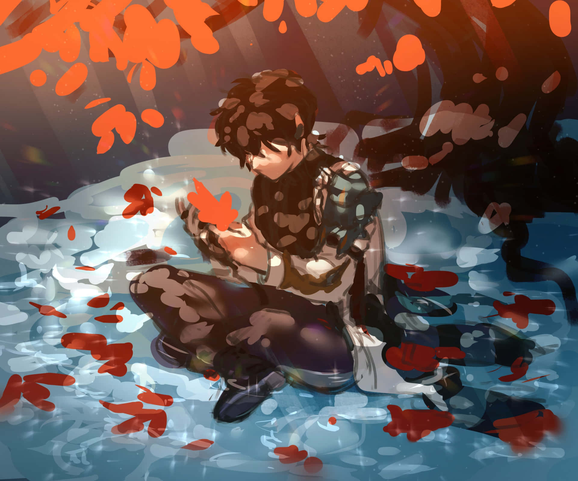 Contemplative Warriorin Autumn Pond Wallpaper