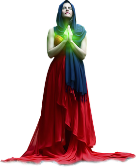 Contemplative Womanin Colorful Drapery PNG