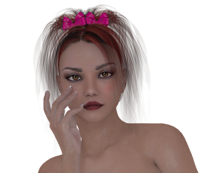 Contemplative3 D Rendered Womanwith Pink Bow PNG