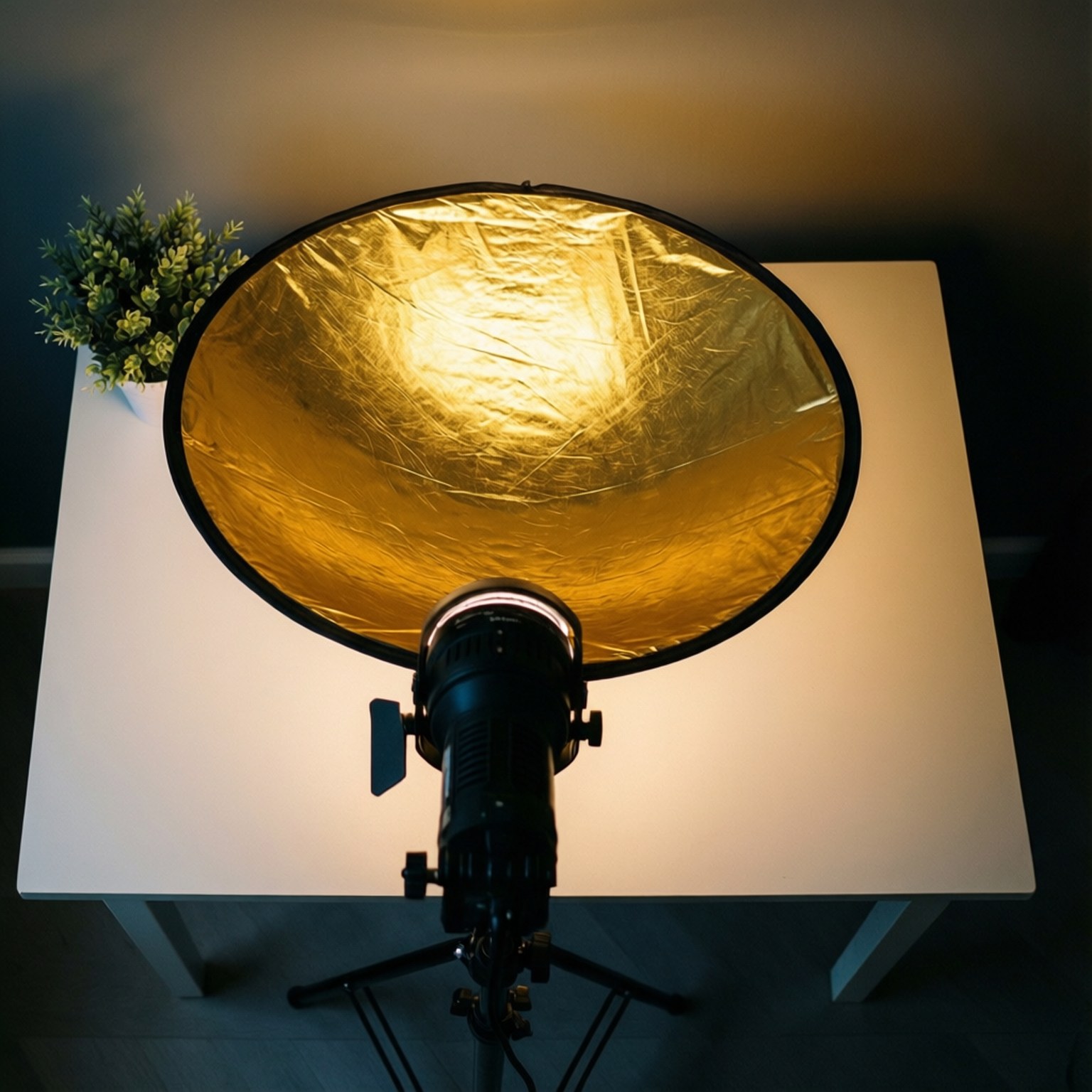 Overhead shot of a studio light casting warm light on a table, ideal for flat lay photography.
