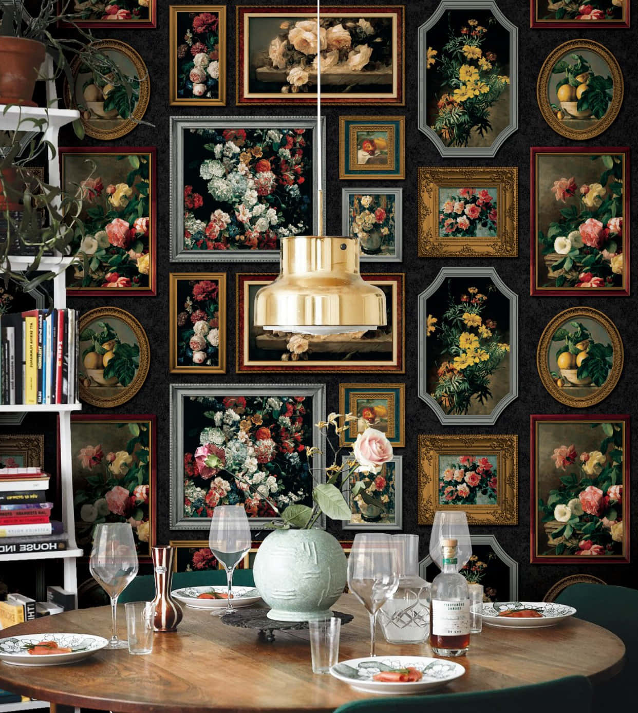 Conventional Dining Room With Artistic Frame Wallpaper