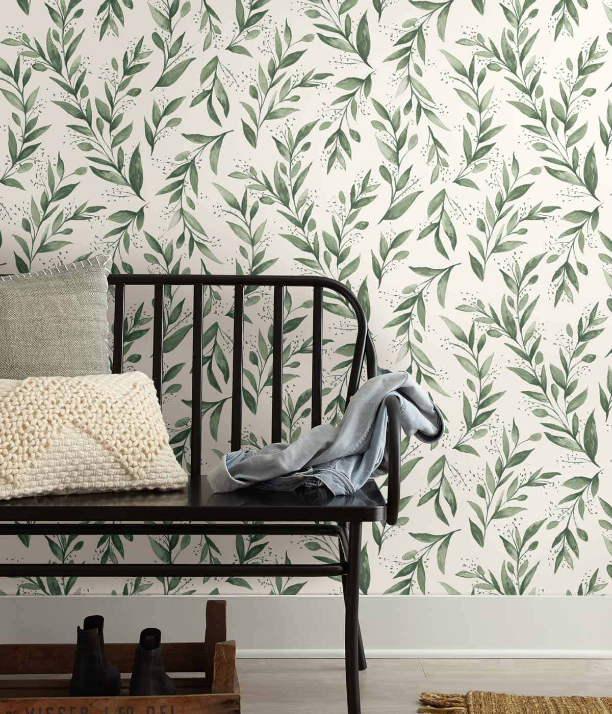 Conventional Living Room With Leaf Art Wallpaper
