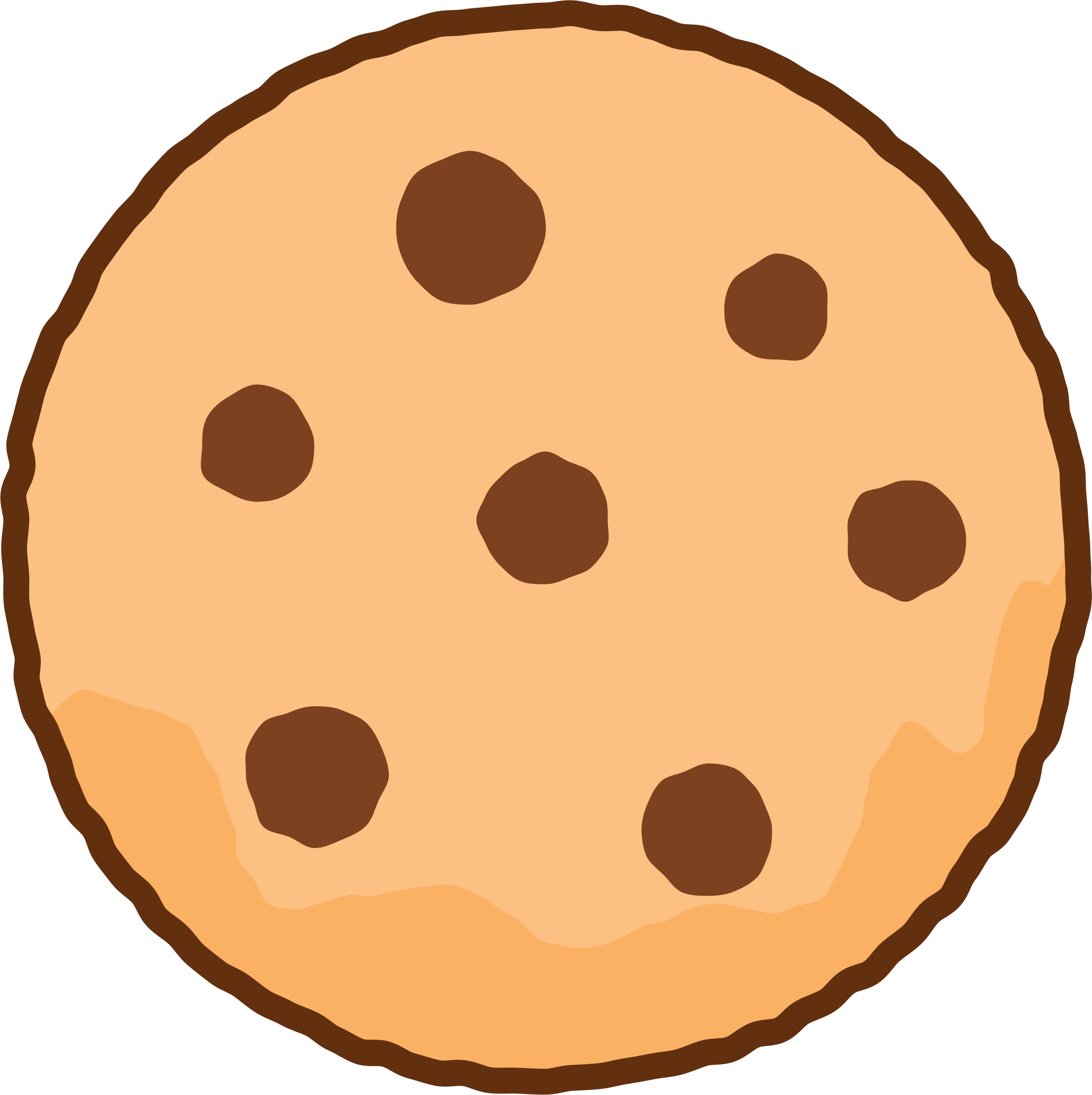 a cookie with chocolate chips on it Background — A cartoon-style chocolate chip cookie with seven brown chips on a light golden surface.