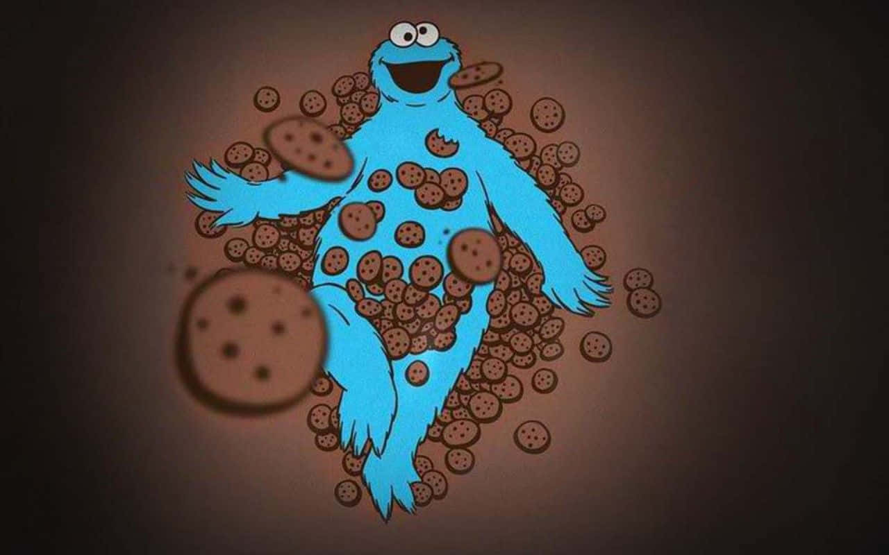 A playful Cookie Monster indulging in his cookie cravings.