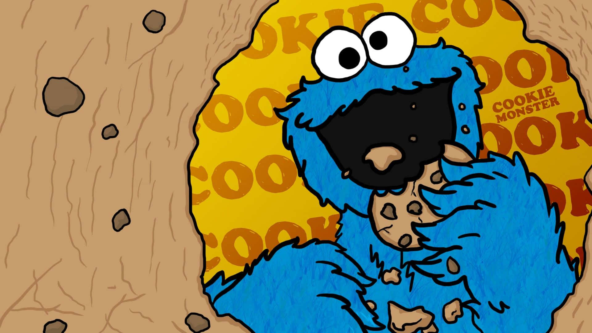 The Cookie Monster enjoying a delicious feast of cookies on a blue background.