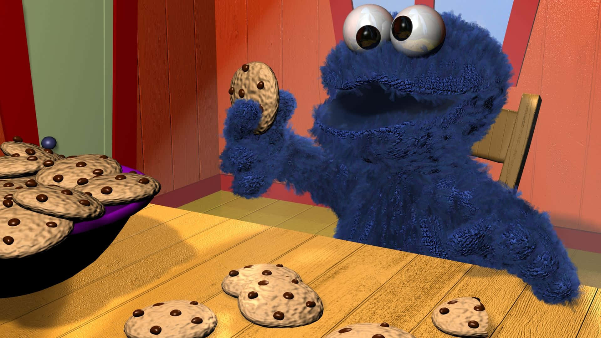 Cookie Monster joyfully devouring cookies