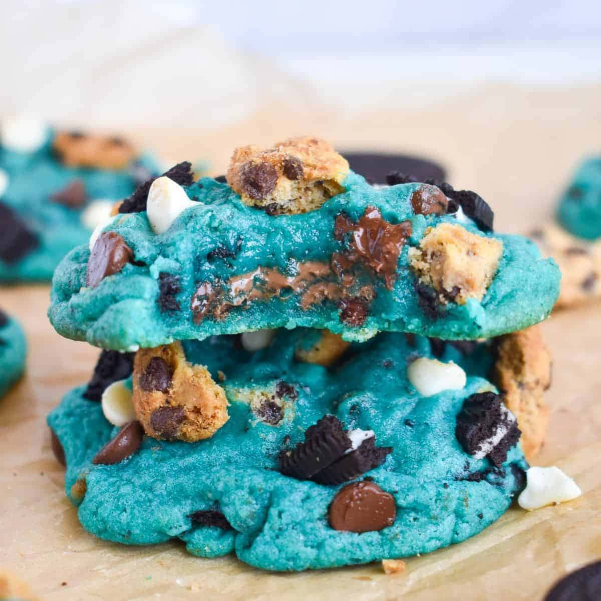 Blue Oreo Cookies With A Bite Taken Out Of Them