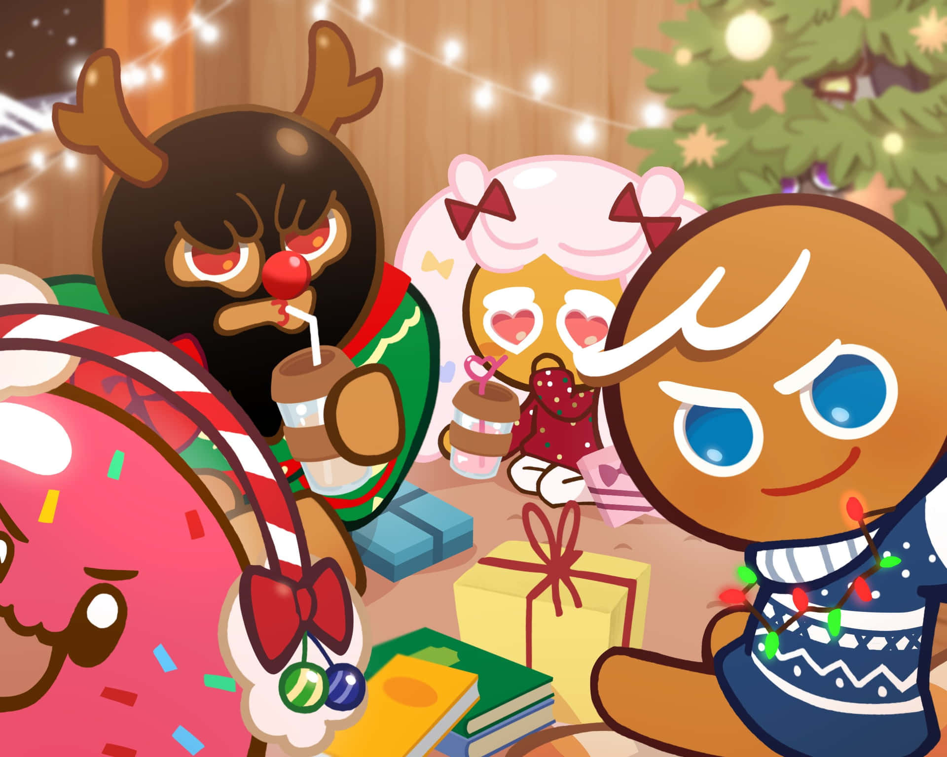 A Group Of Gingerbread Men And Women Sitting Around A Christmas Tree