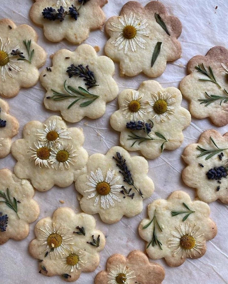A Plate Of Cookies With Dried Flowers On It
