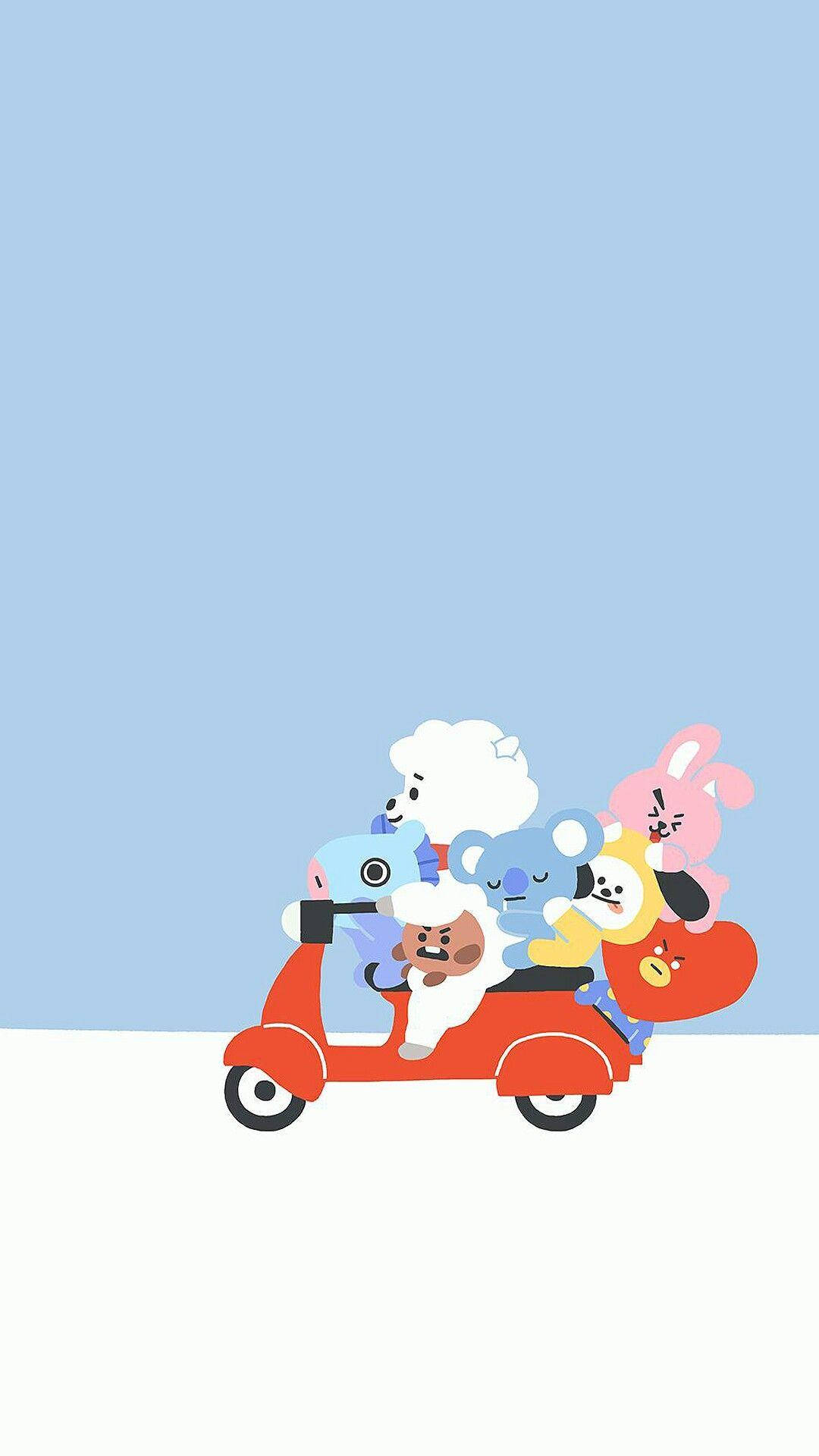 Cooky Bt21 In Scooter With Friends Wallpaper