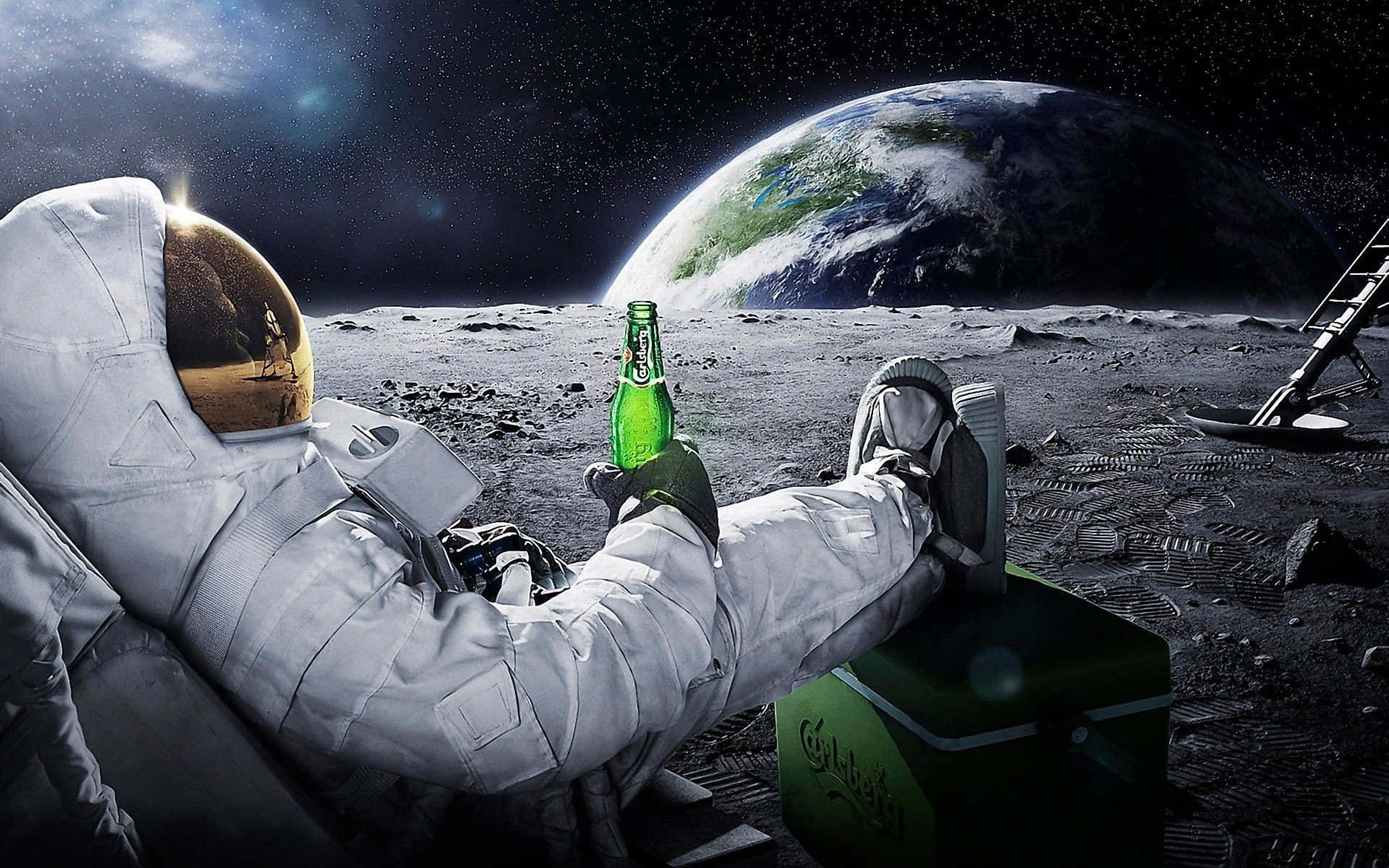 An Astronaut Is Sitting On The Moon With A Beer Wallpaper