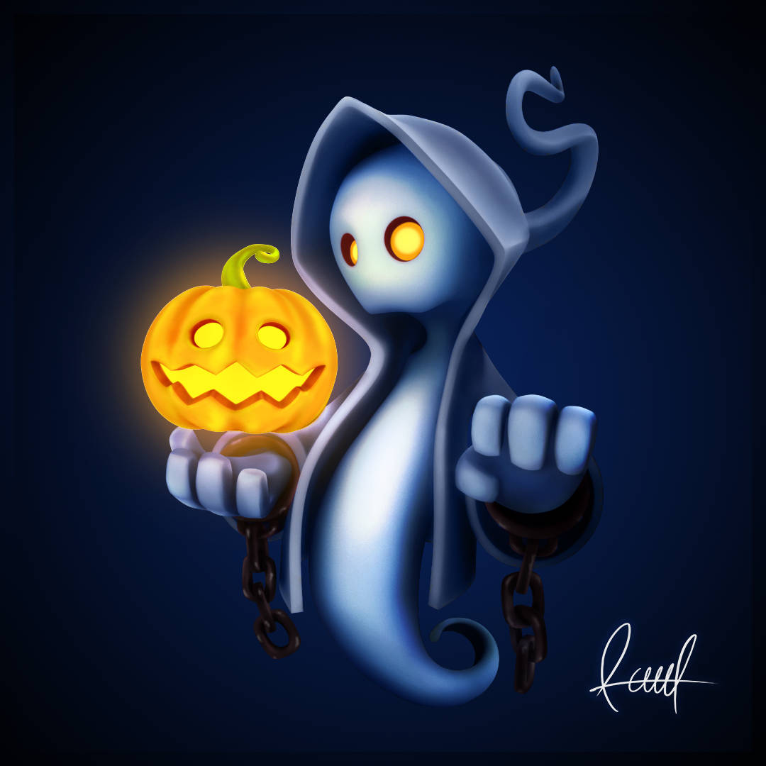 Cool 3d Ghost With Halloween Pumpkin Wallpaper