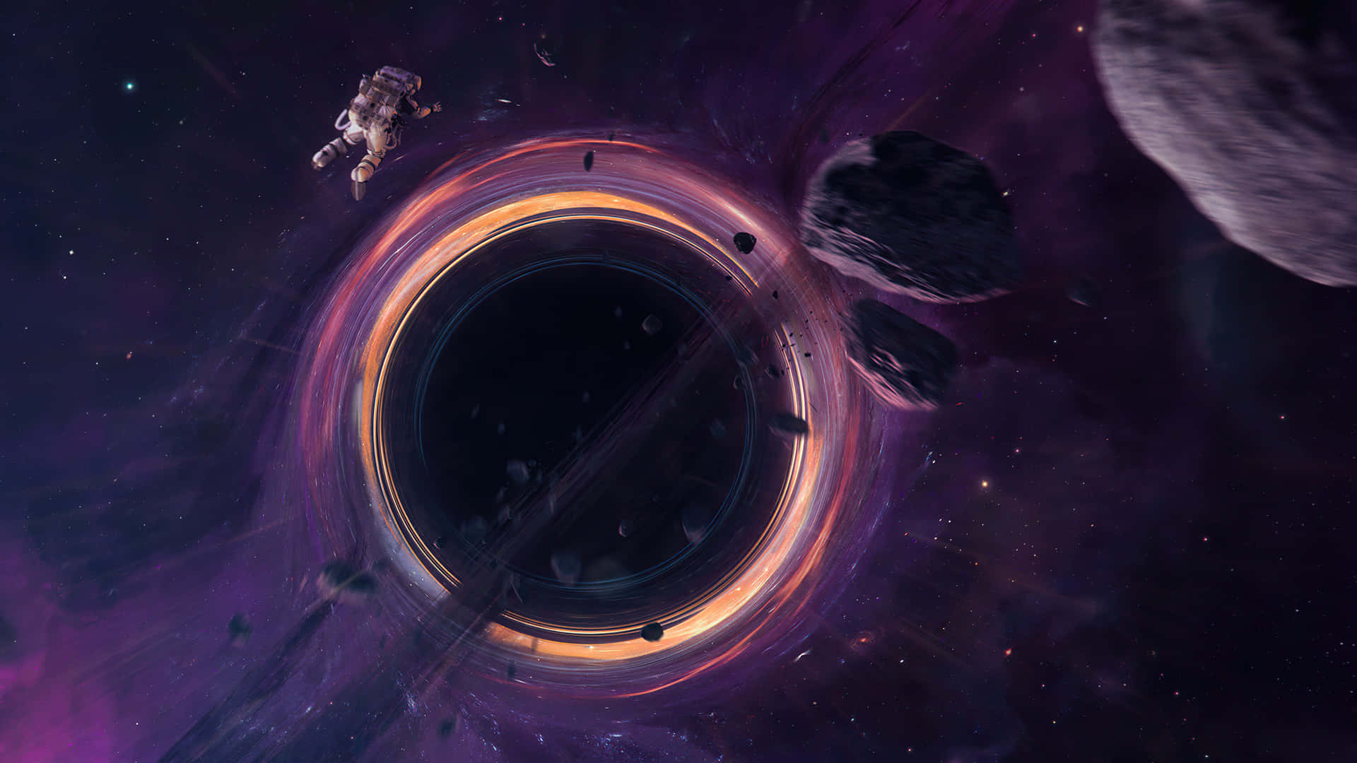 A Black Hole In Space With A Spaceship In The Background Wallpaper
