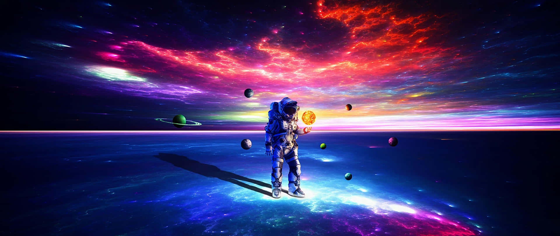 A Man Standing In Front Of A Colorful Space Wallpaper