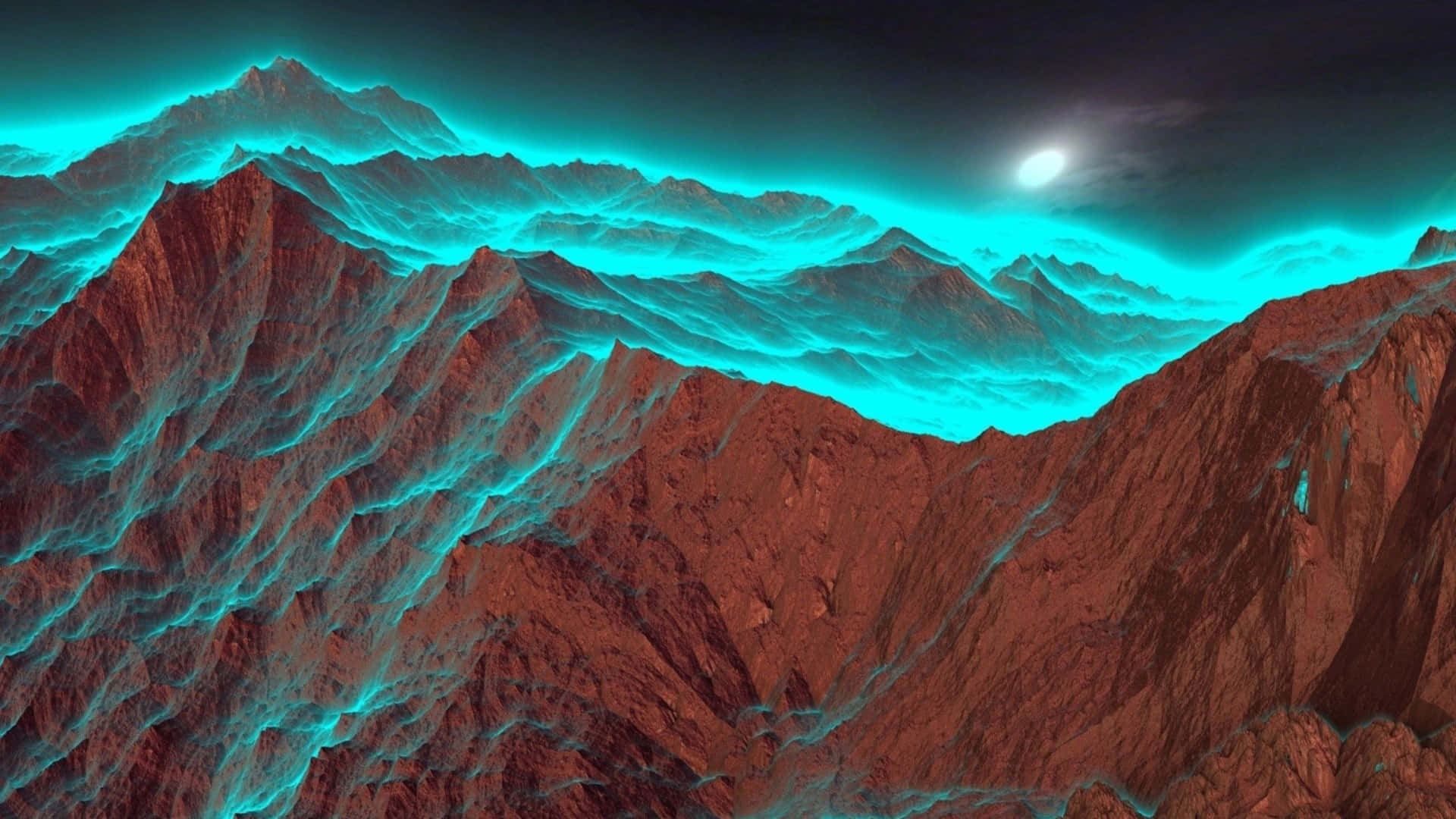 A Mountain Range With A Blue And Green Glow Wallpaper