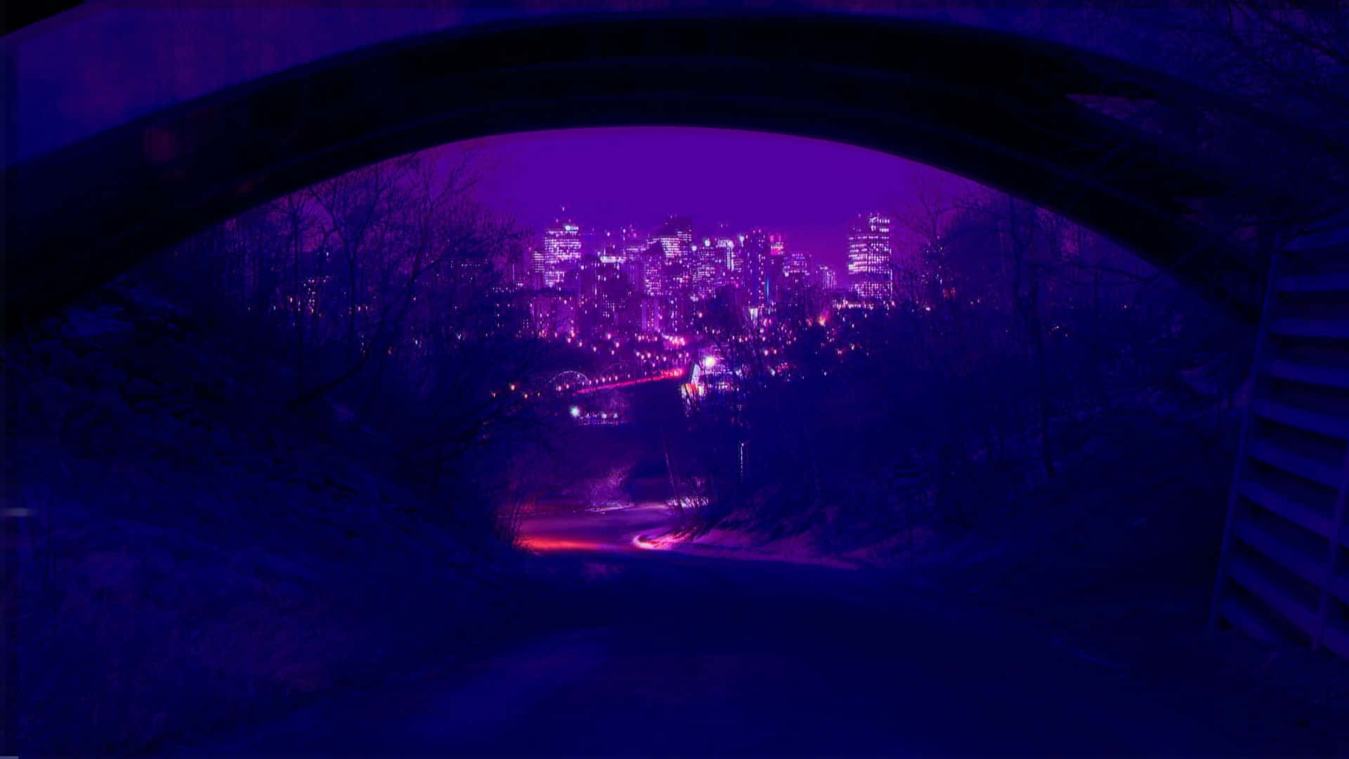 A Purple Tunnel With A City View