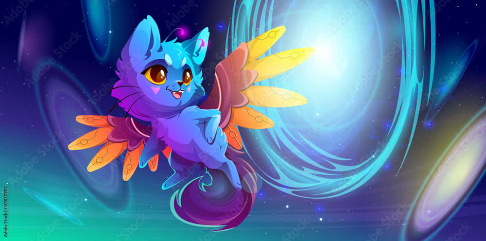 A Blue Cat Flying In Space With A Star In The Background Wallpaper