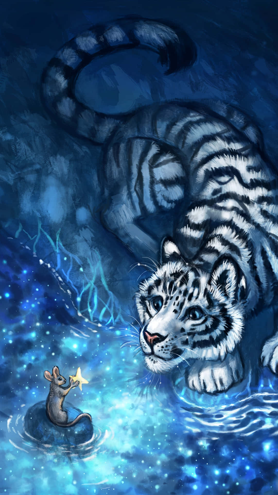 En hvid tiger og en mus i vandet Wallpaper