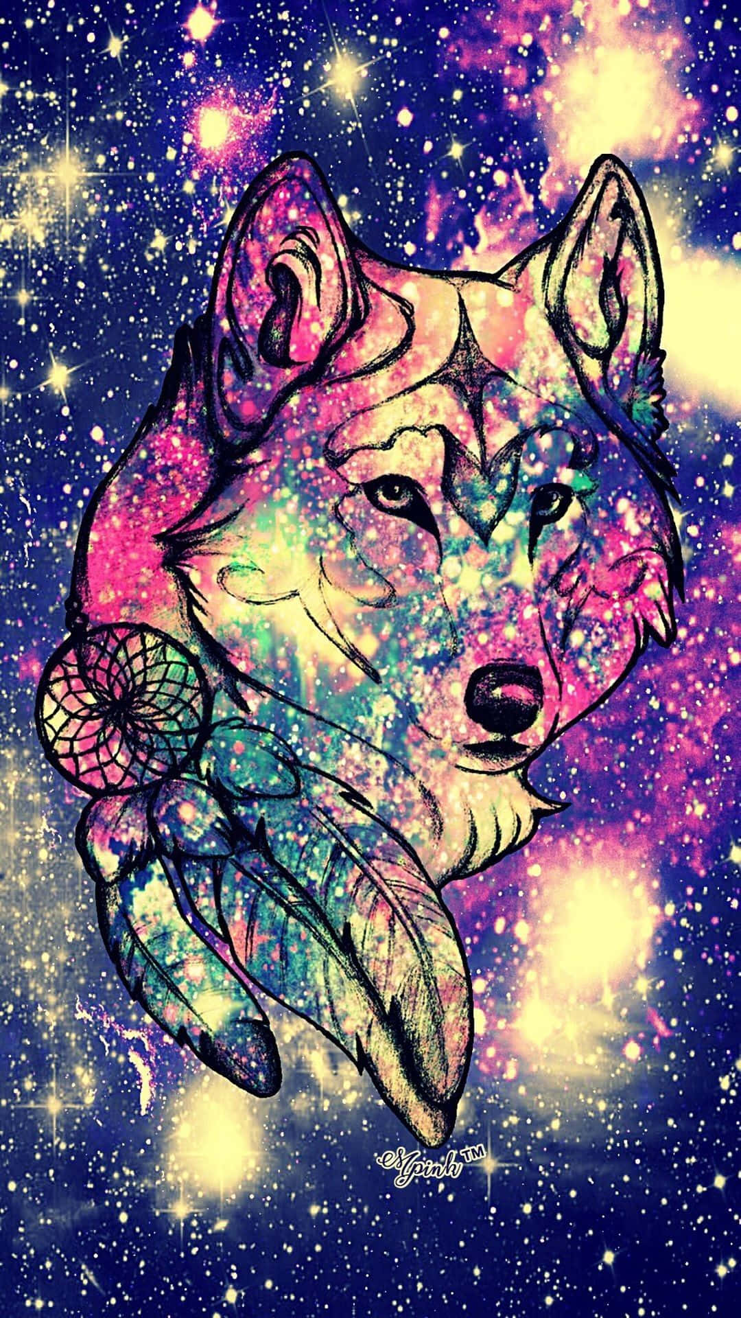 En ulv med et farverigt baggrund og stjerner Wallpaper