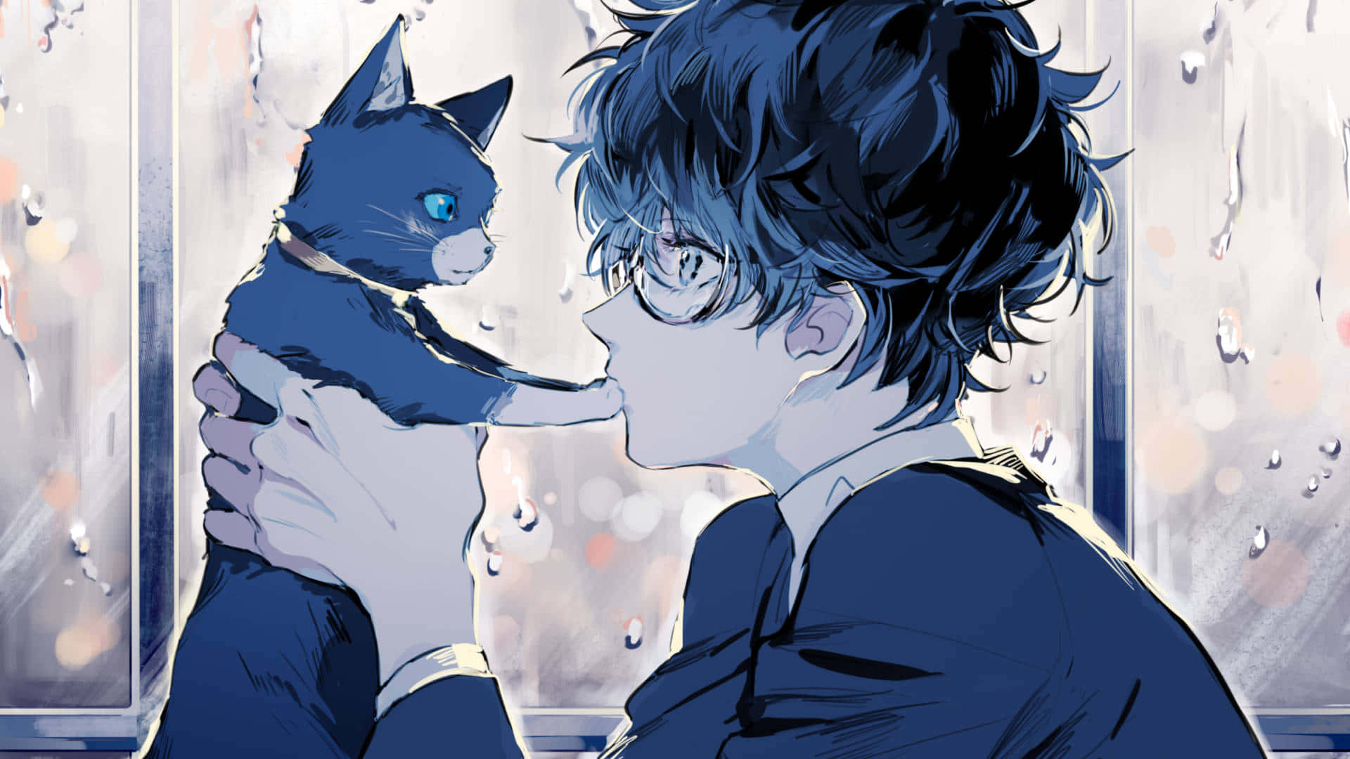 Cool Animecat And Boy Blue Color Wallpaper