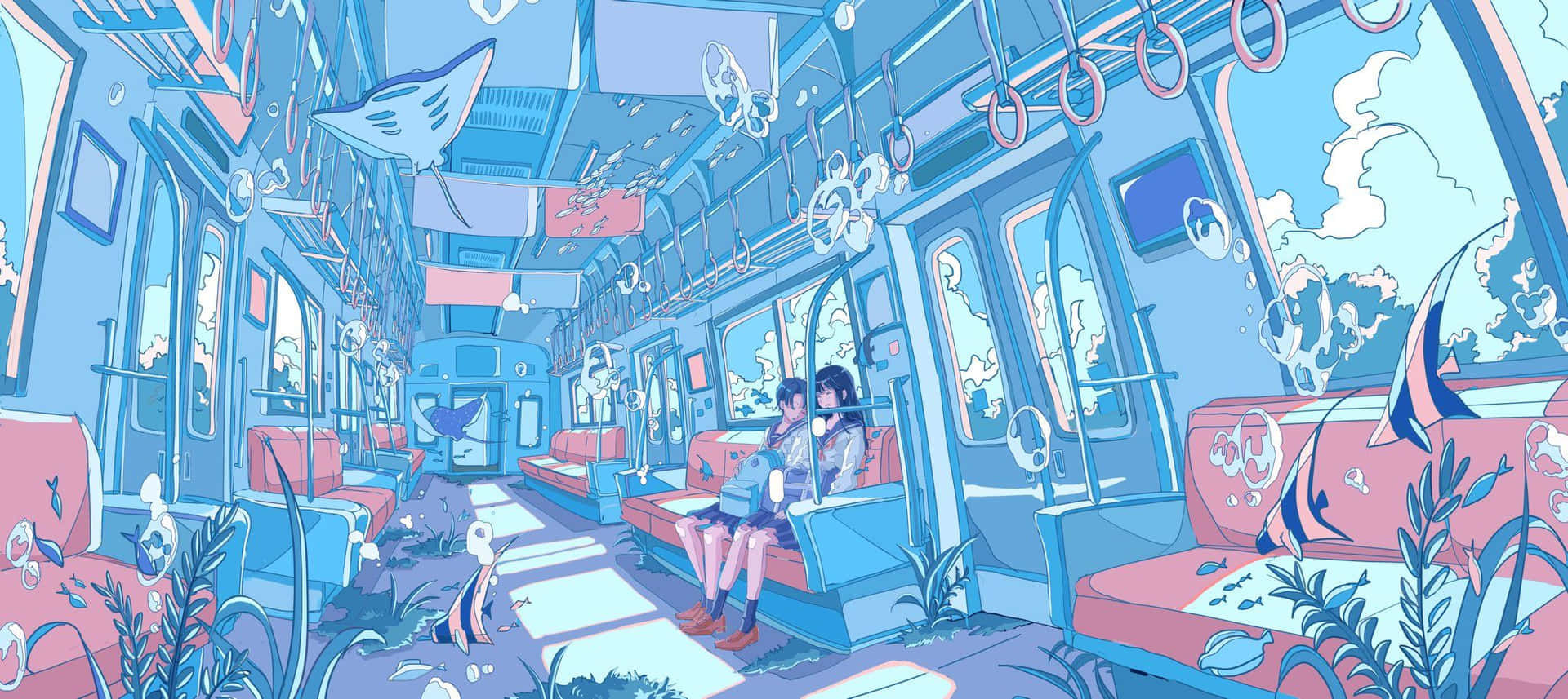 En tog med en pige siddende på sædet. Wallpaper