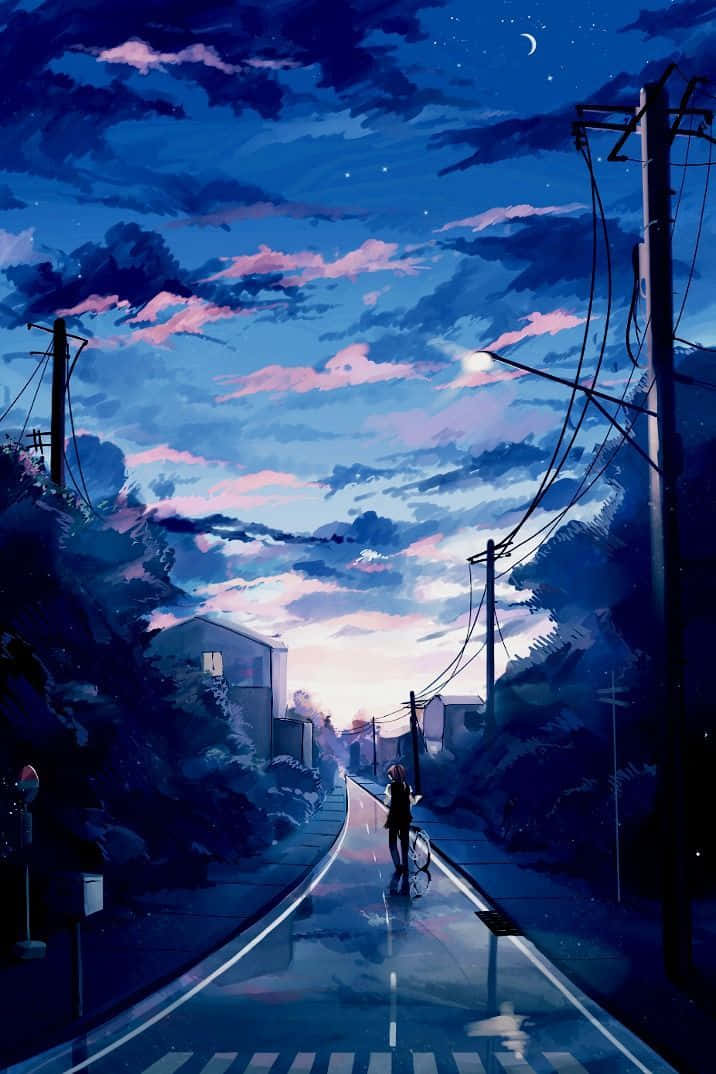 Cool Anime Street Blue Sky Painting Wallpaper