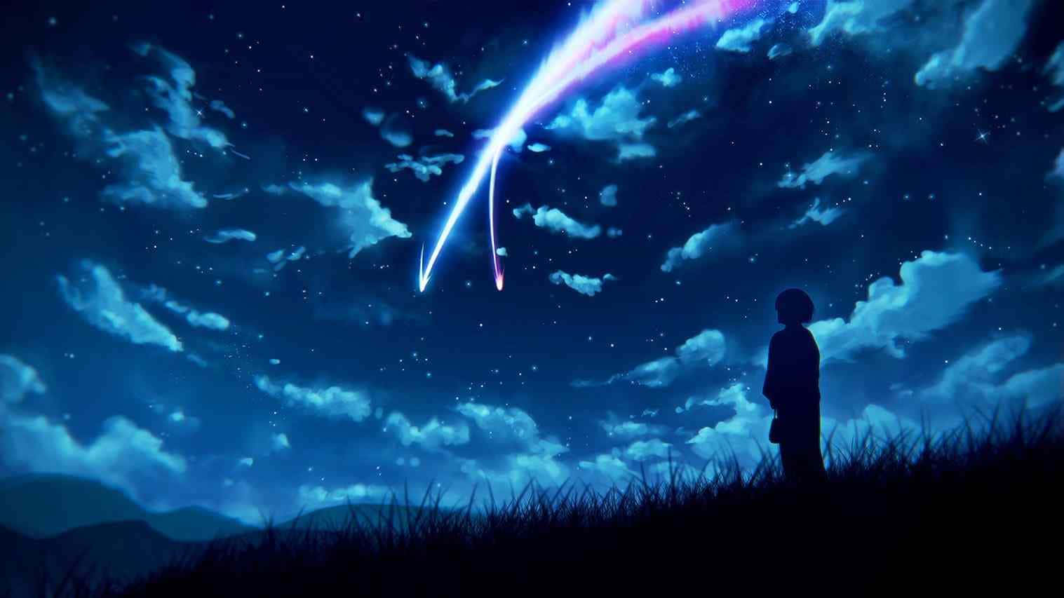 Cool Animeboy Standing On Grass Blue Sky Wallpaper