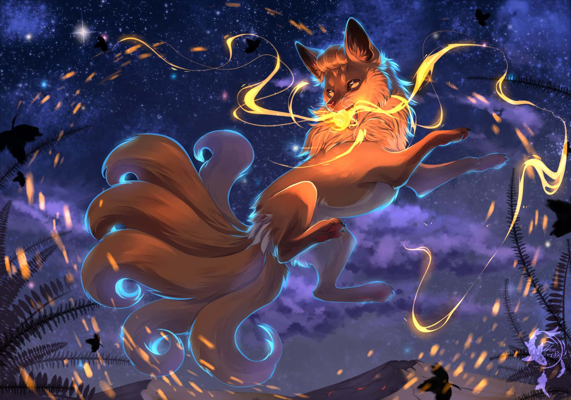 Sjov anime ræv kigger op i den levende nattehimmel. Wallpaper