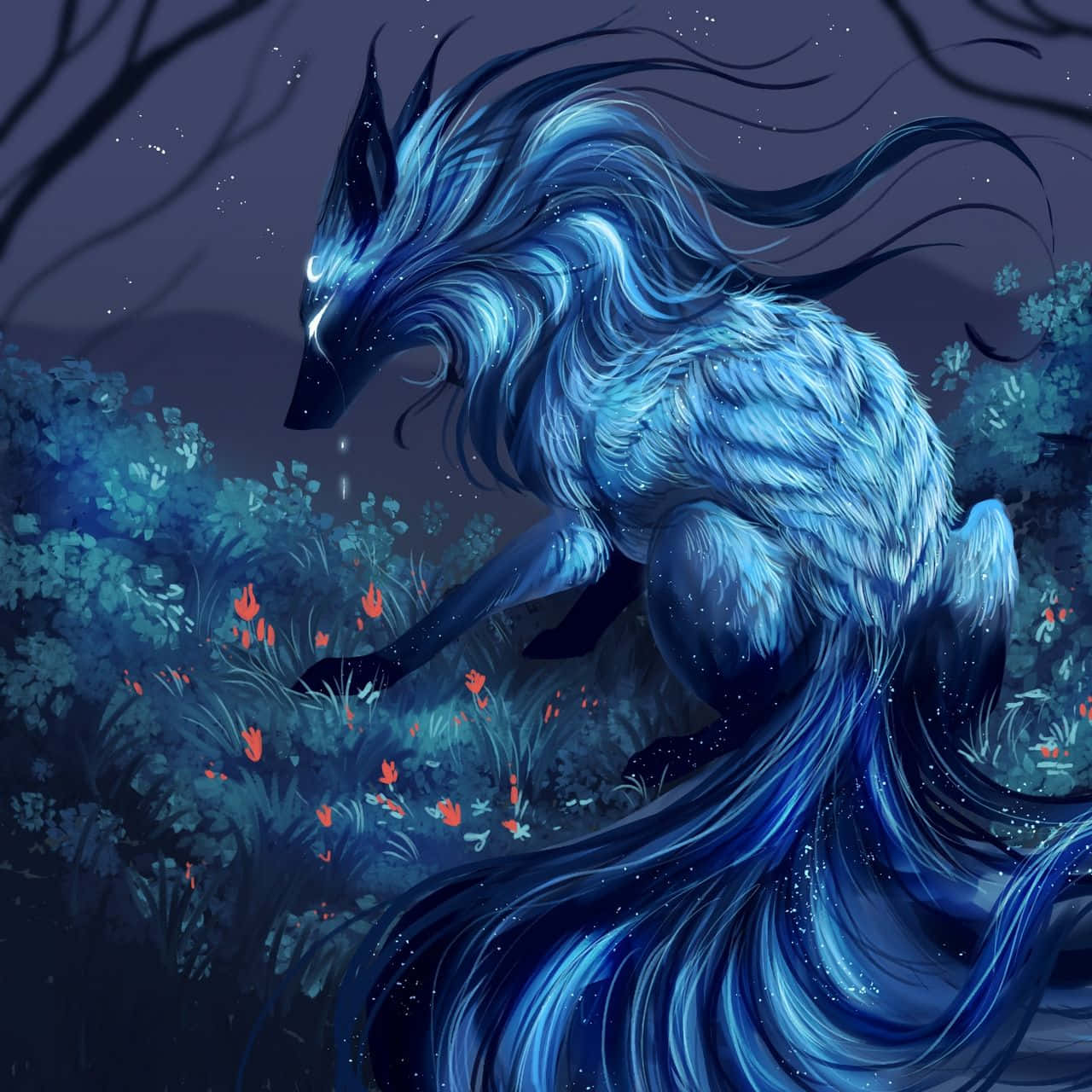 En blå ræv med langt hår i skoven Wallpaper