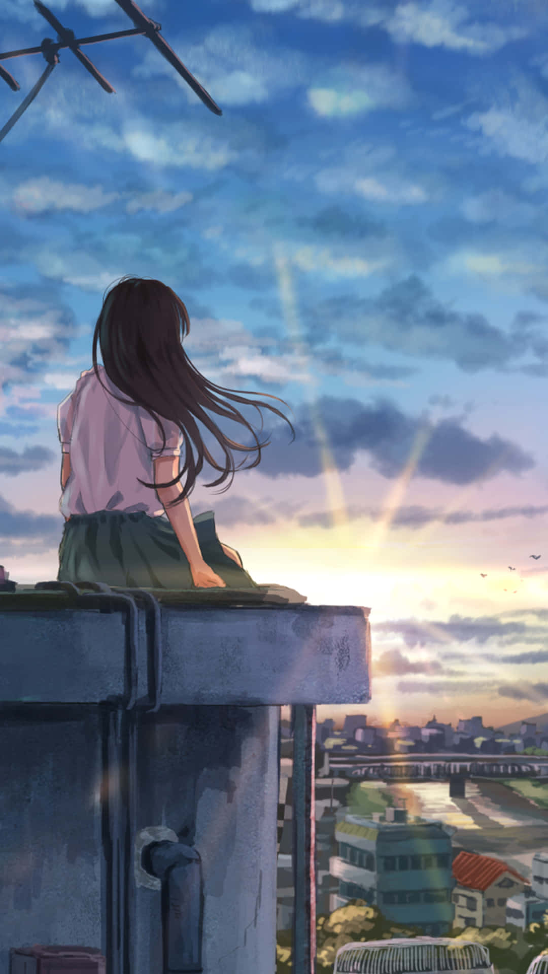 Cool Anime Girl Profile Sitting On Roof Wallpaper