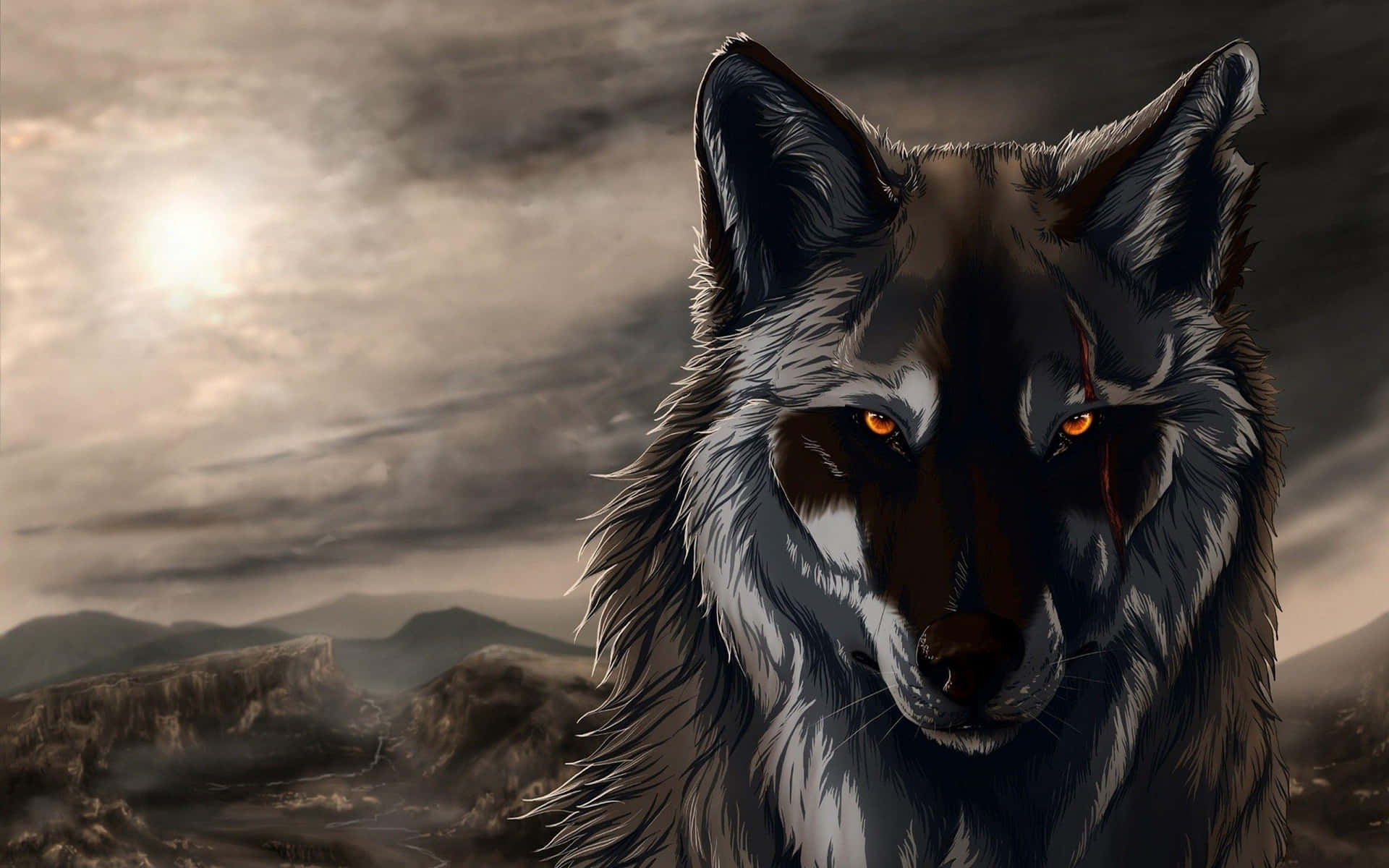 En cool anime ulv stående majestætisk mod en mørk måneoplyst himmel. Wallpaper