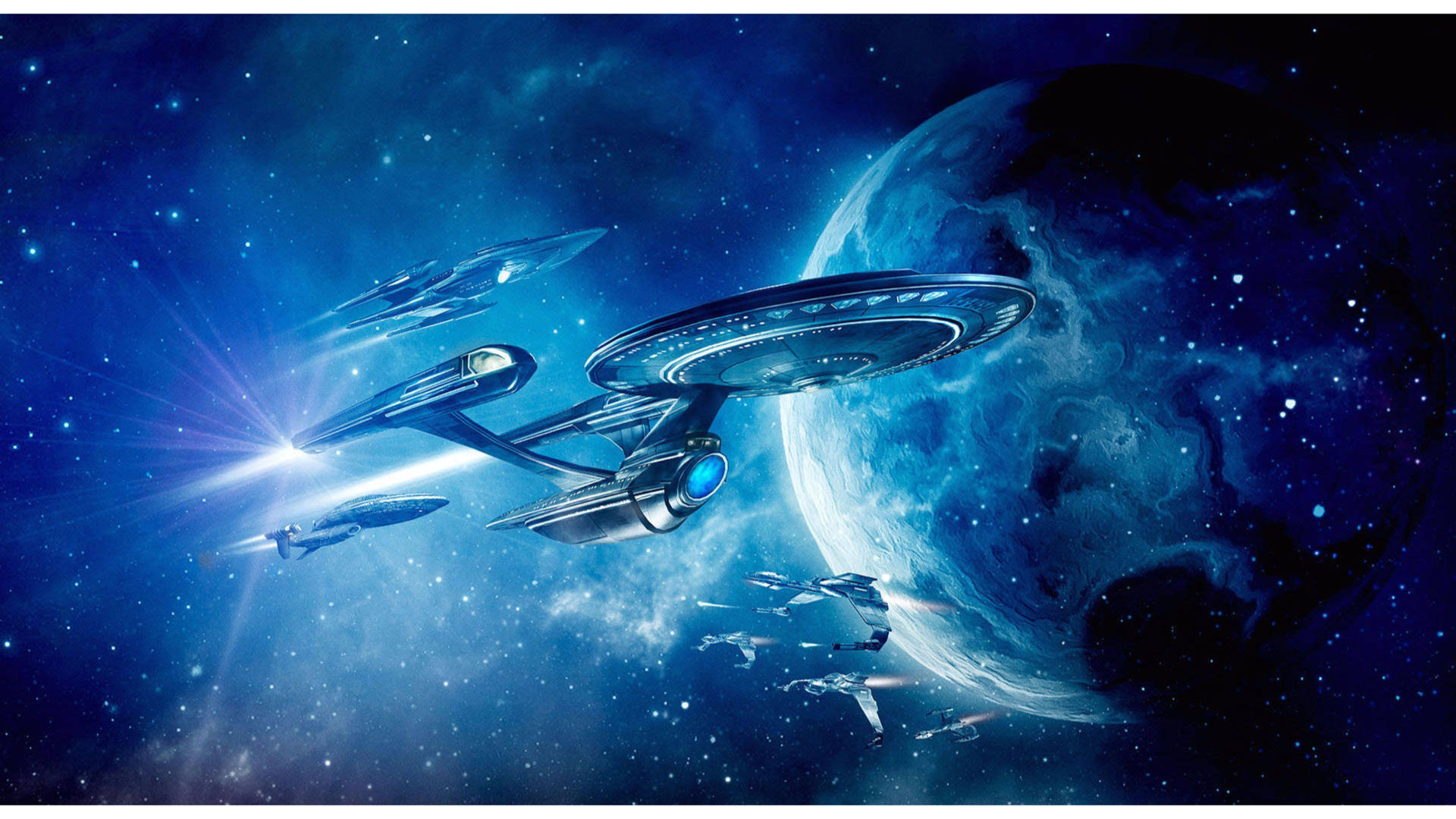 Blue color theme wallpaper of Star Trek ship. 