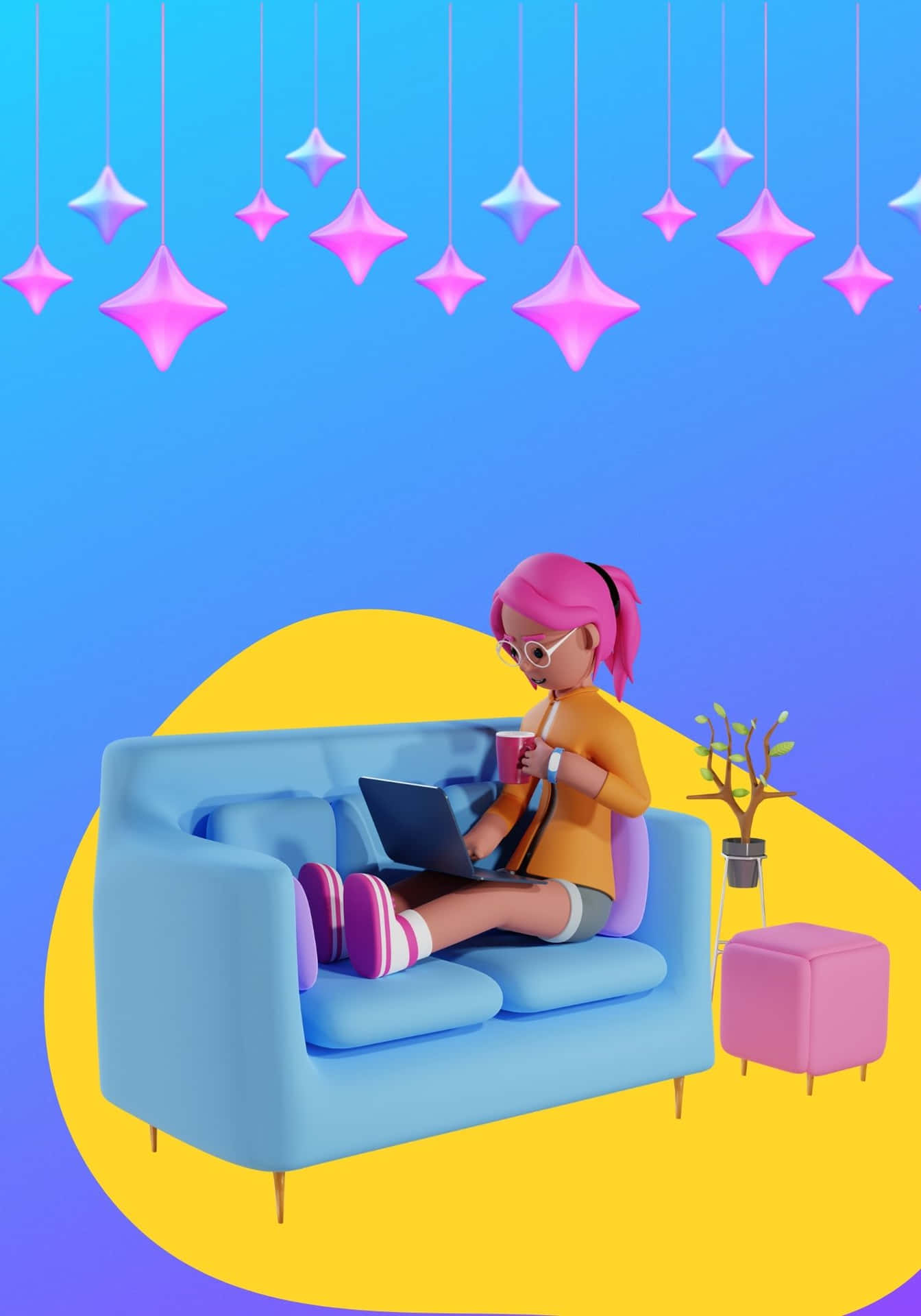 Kølig 3D Kvinde på Blå Sofa Baggrund