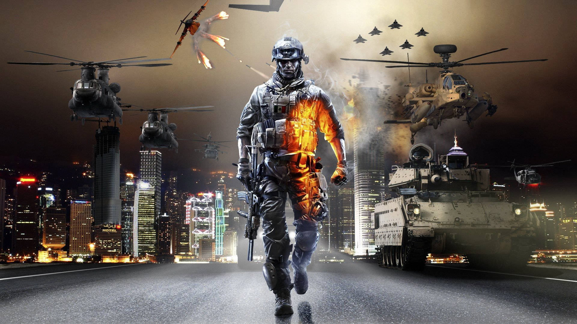 A Soldier Is Walking Down The Street With Helicopters Wallpaper
