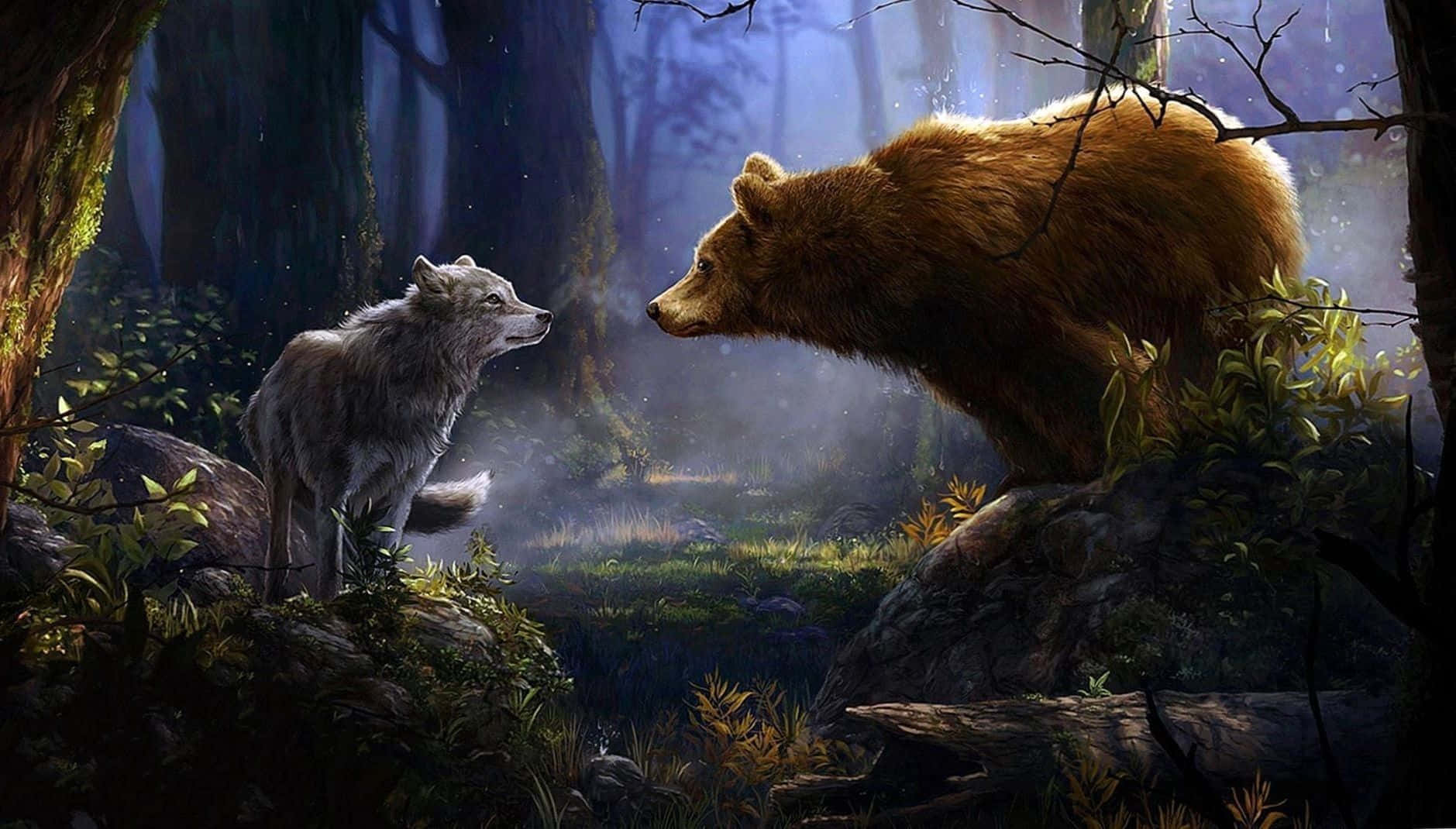 En cool bjørn der drikker fra en dam i skoven Wallpaper