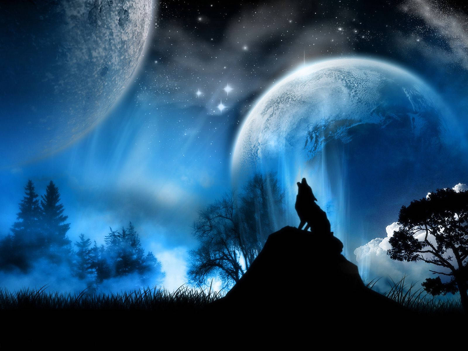 Cool Black Wolf Howling At Magical Sky Wallpaper