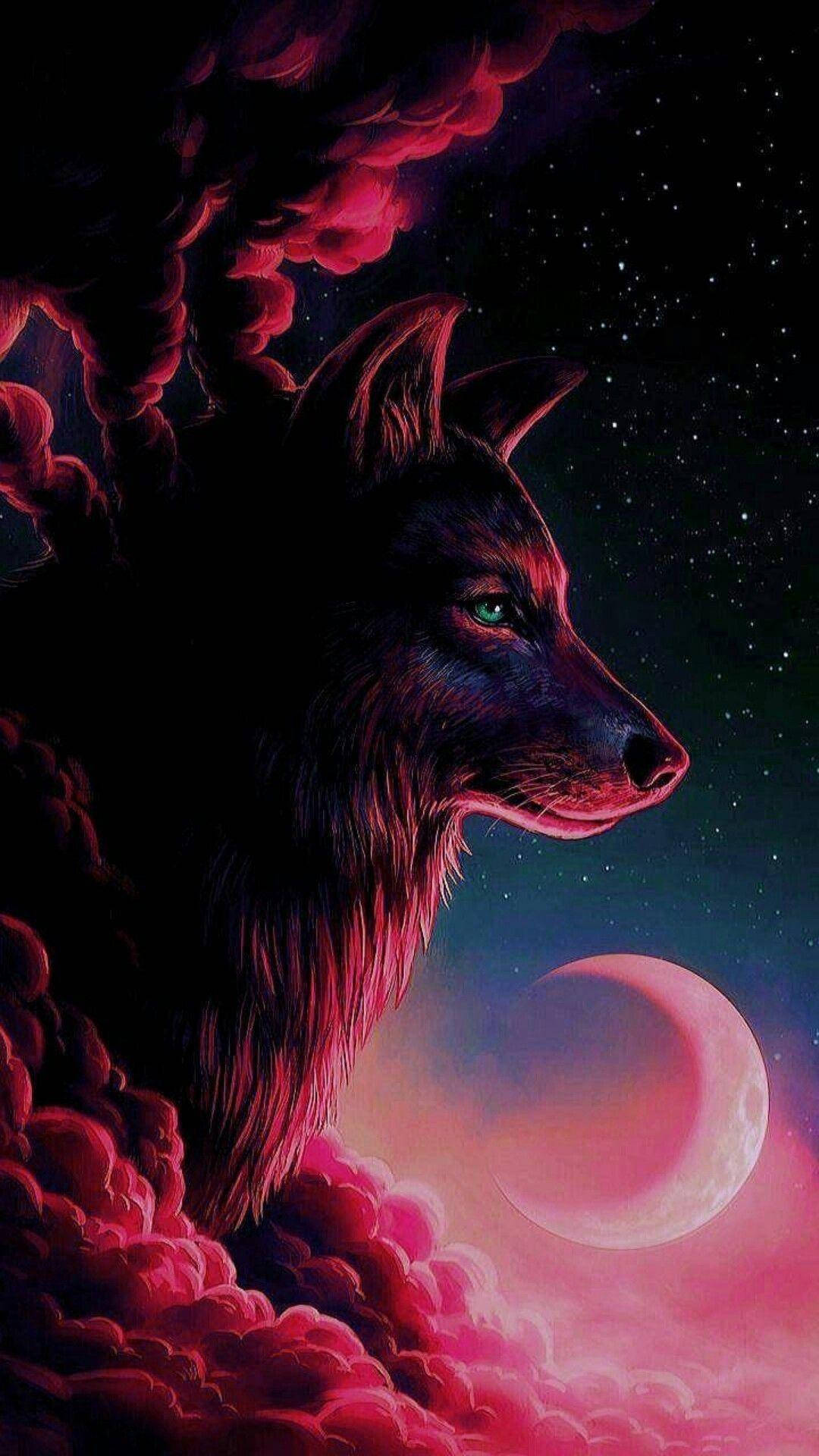 Download Black Wolf In The Red Clouds Wallpaper |