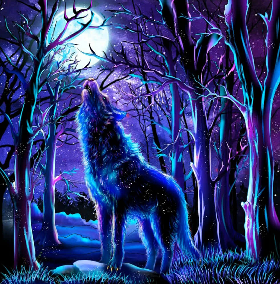Cool Blue Wolf Howling On Woods Wallpaper