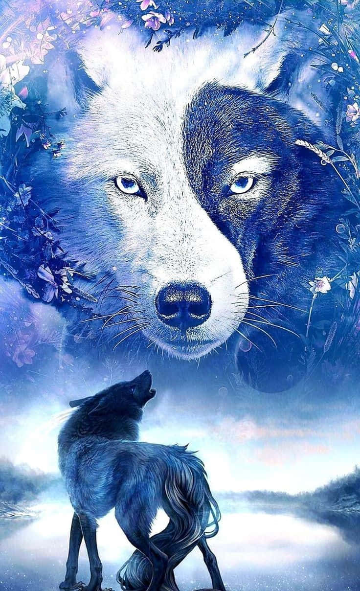 Yin Yang Cool Blue Wolf Graphic Art Wallpaper