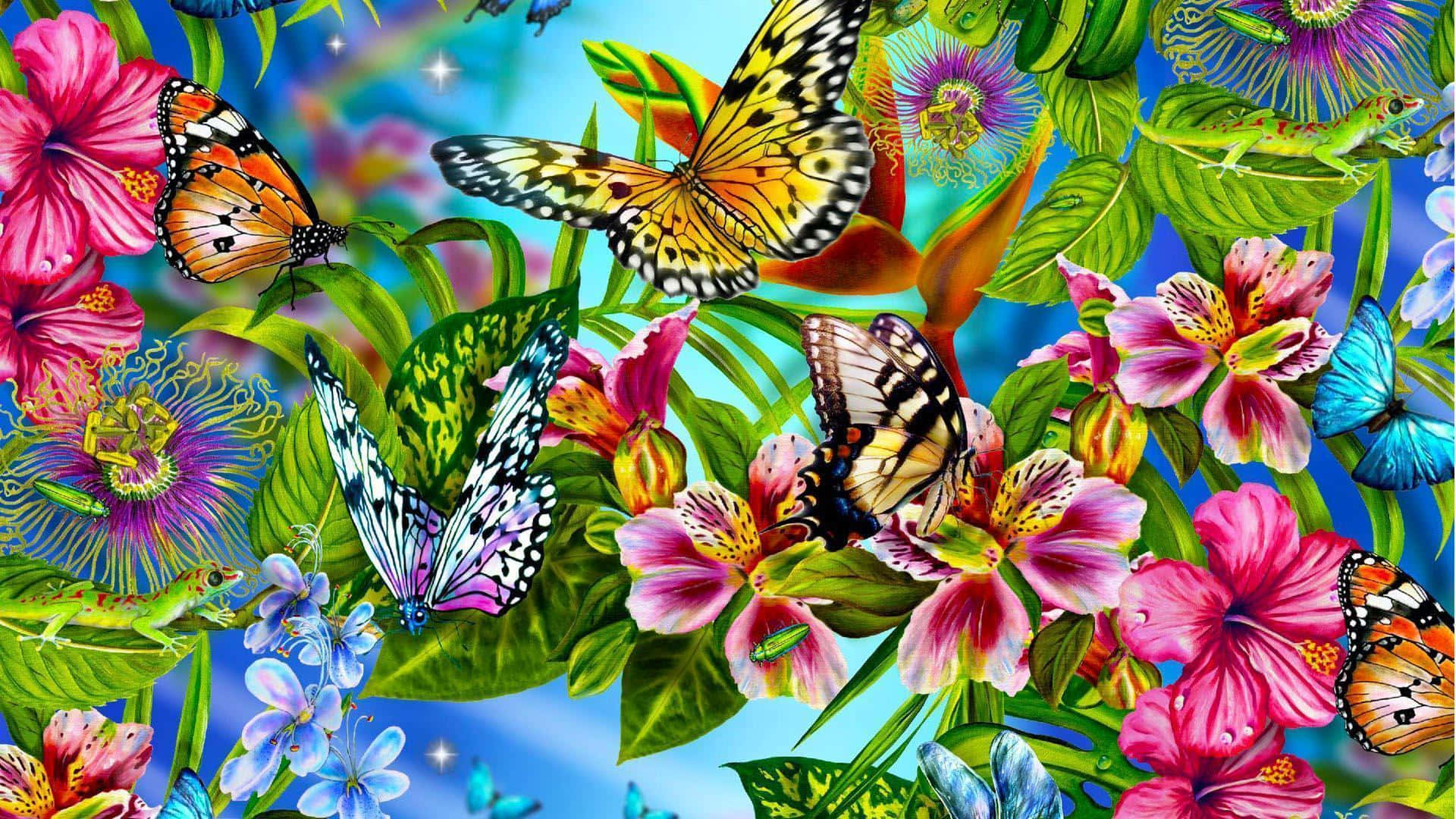 Et farverigt sommerfugle- og blomstermønster Wallpaper