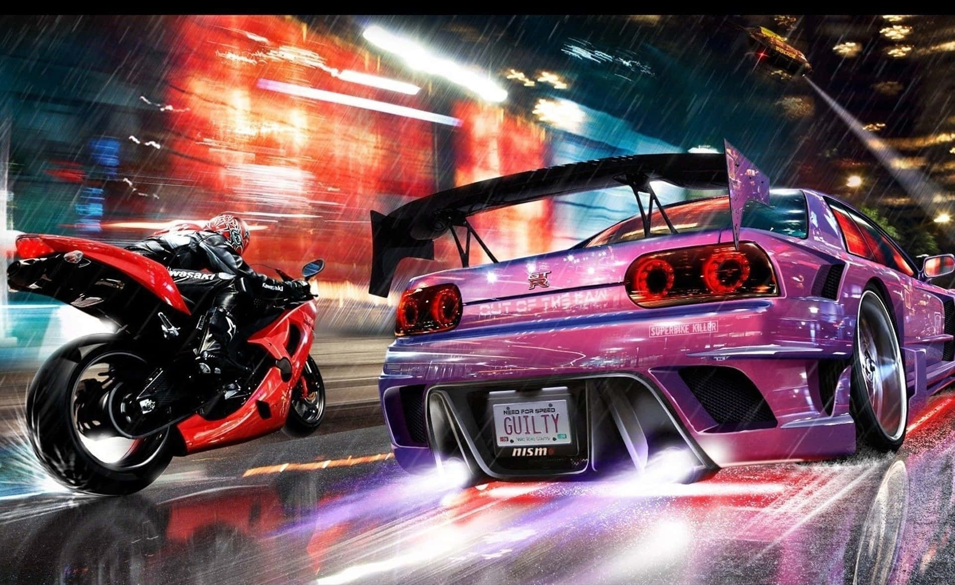 Cool Purple Car And Red Motorcycle Picture