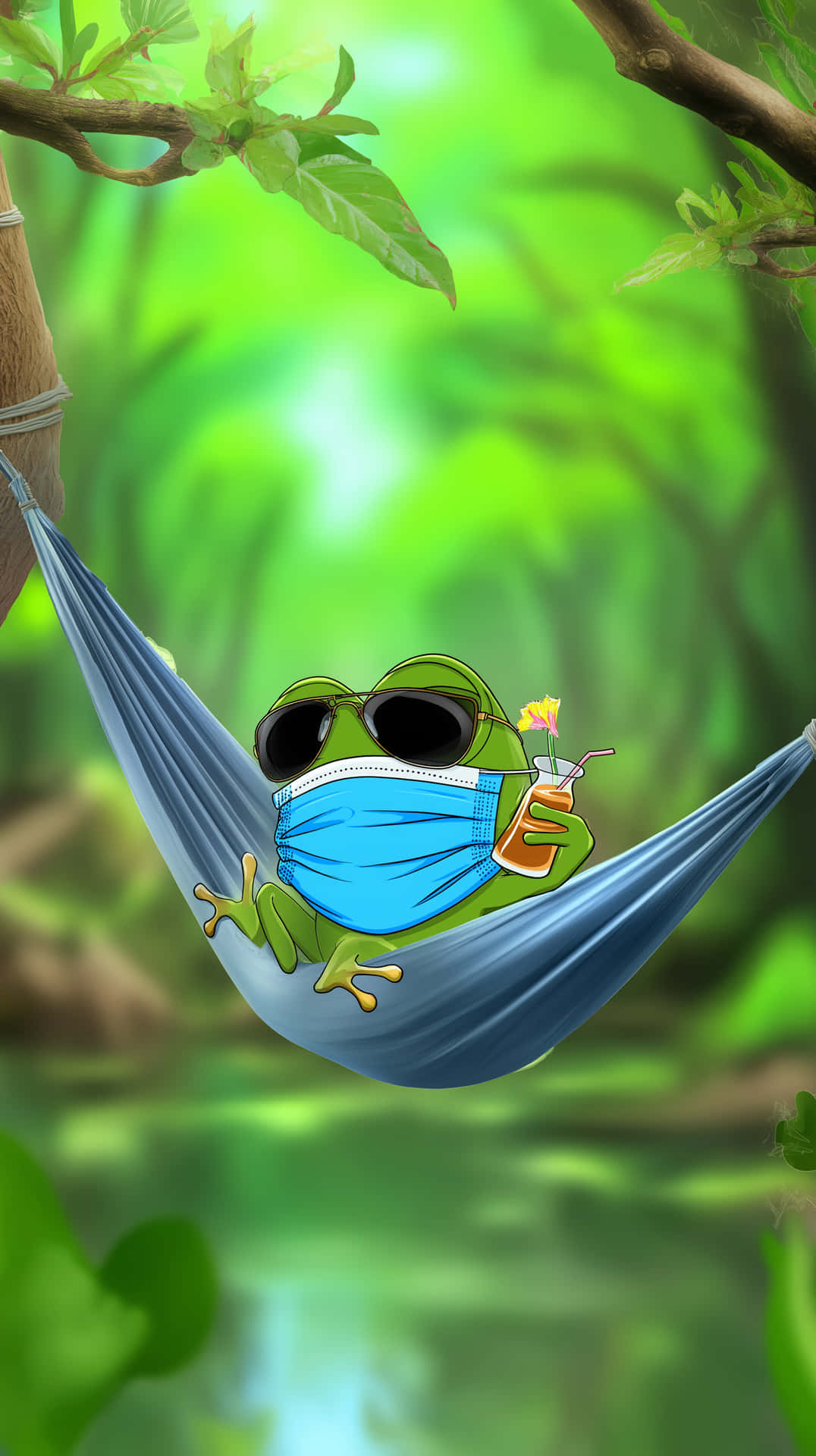 Cool Cartoon Frog Lounging With Drink And Face Mask Wallpaper